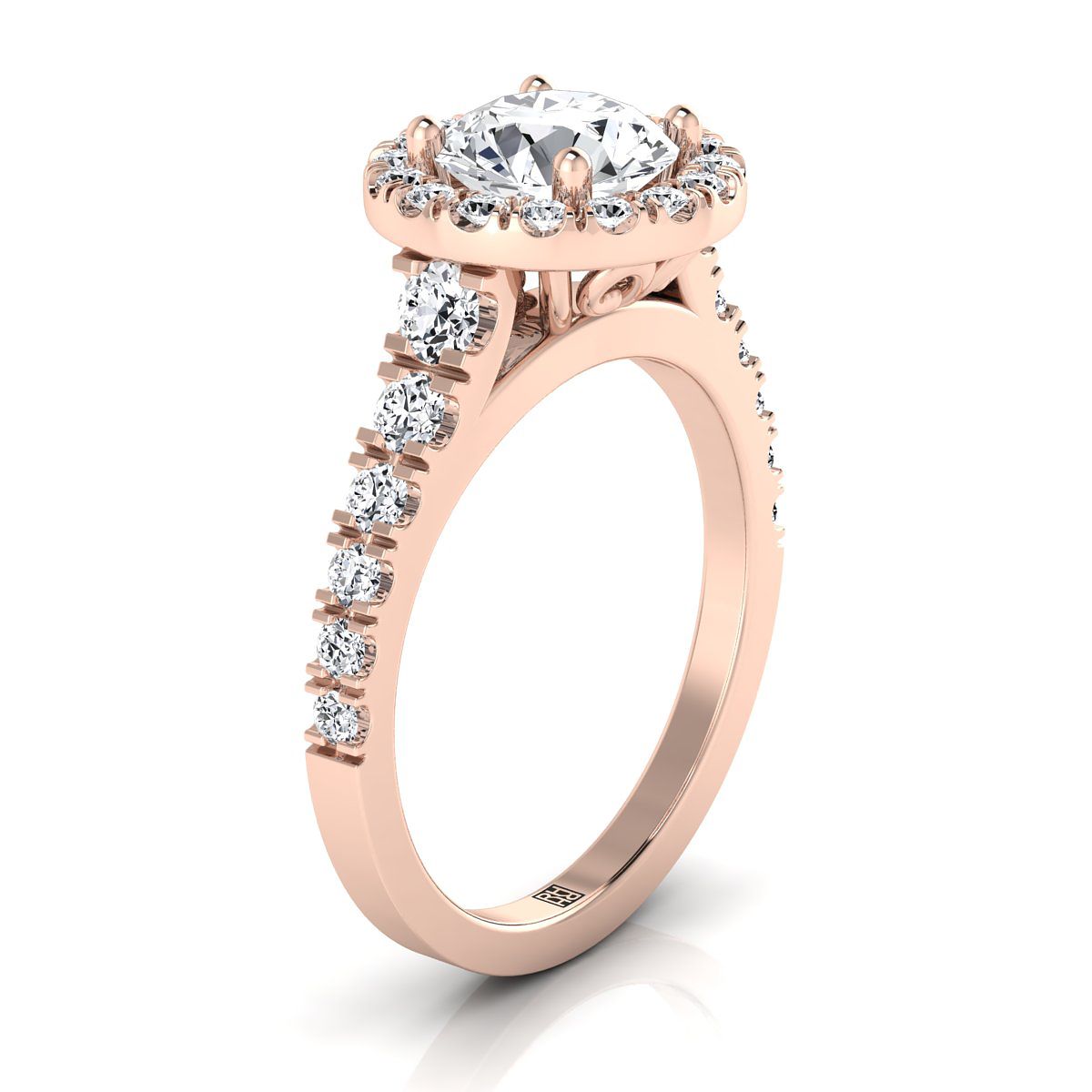 Round Brilliant, Shared Prong Halo Linear Side Set, in 14K Rose Gold – side profile | RockHer