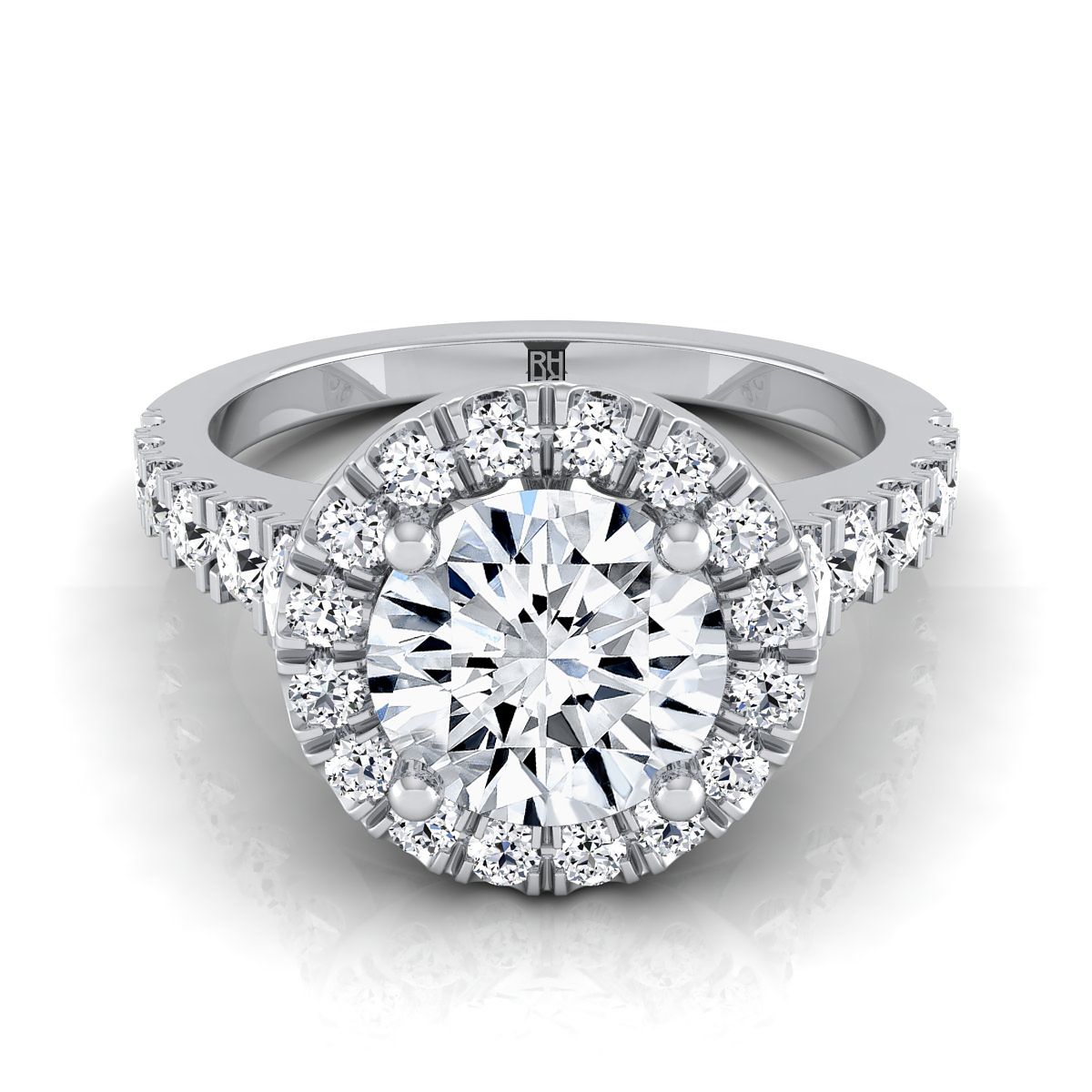 แหวนหมั้นเพชรทรงกลมเจียระไนแบบ Brilliant สีขาว 14K พร้อมฮาโลและเพชรข้างแบบเรียงเส้นรวม 5/8 กะรัต