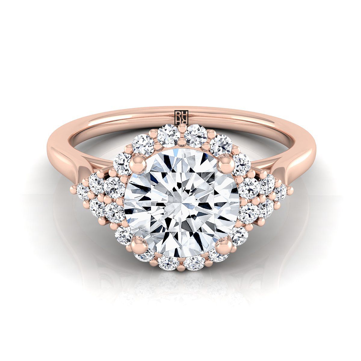Round Brilliant, Scroll Gallery Halo, in 14K Rose Gold, pave setting – view 8 | RockHer