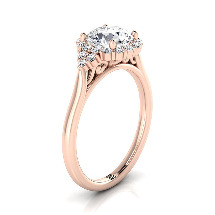 14K Rose Gold Round Brilliant Diamond Side Trio Scroll Accent Engagement Ring -1/4ctw