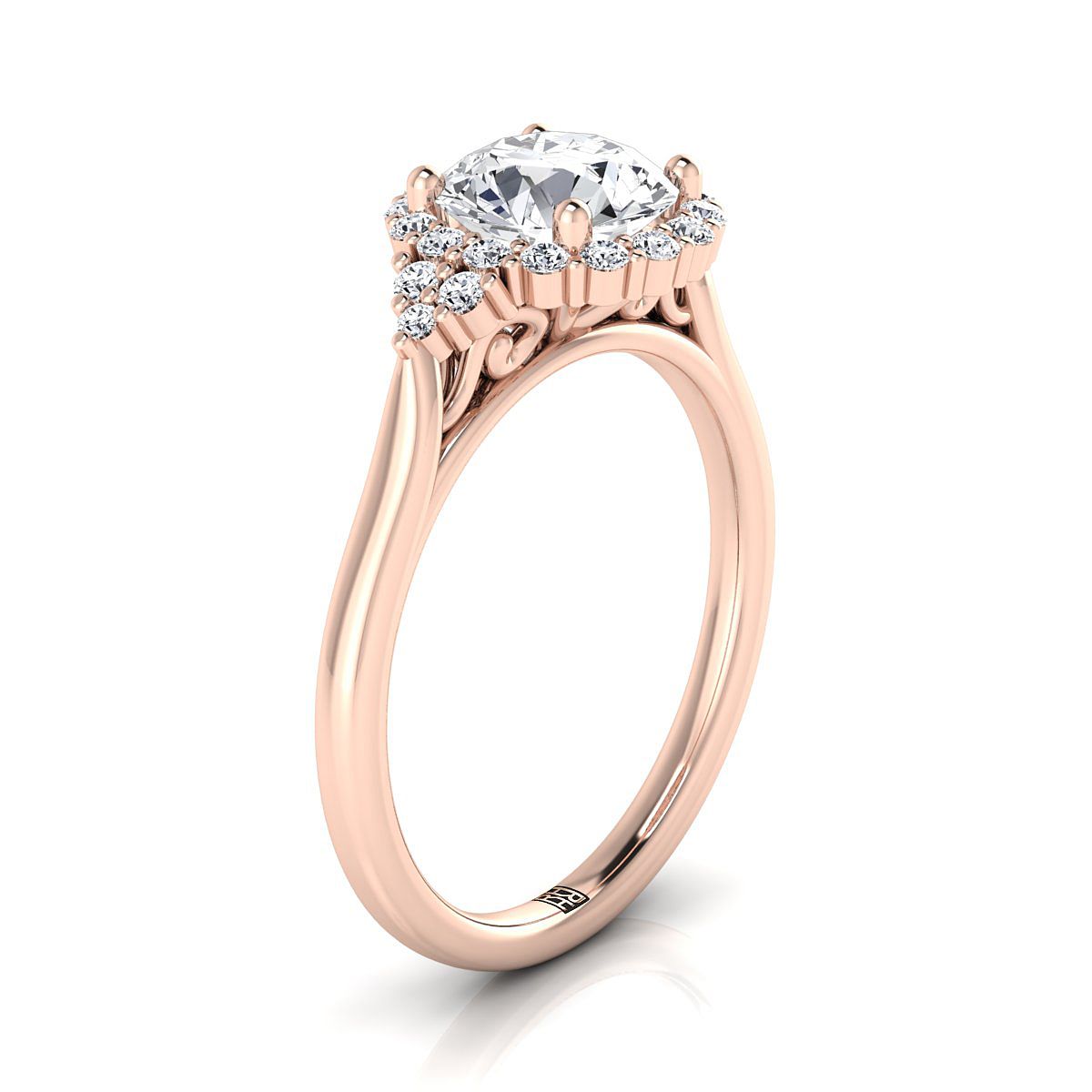 Round Brilliant, Scroll Gallery Halo, in 14K Rose Gold, pave setting – view 9 | RockHer