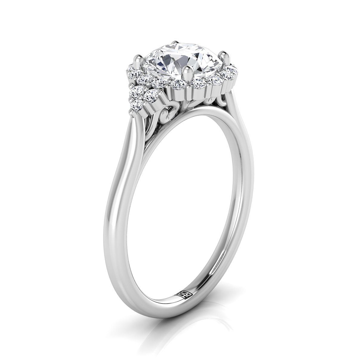 แหวนหมั้นประดับเพชรทรงกลมเจียระไนแบบ Brilliant ข้างสามเม็ดพร้อมลวดลายม้วน - 1/4ctw