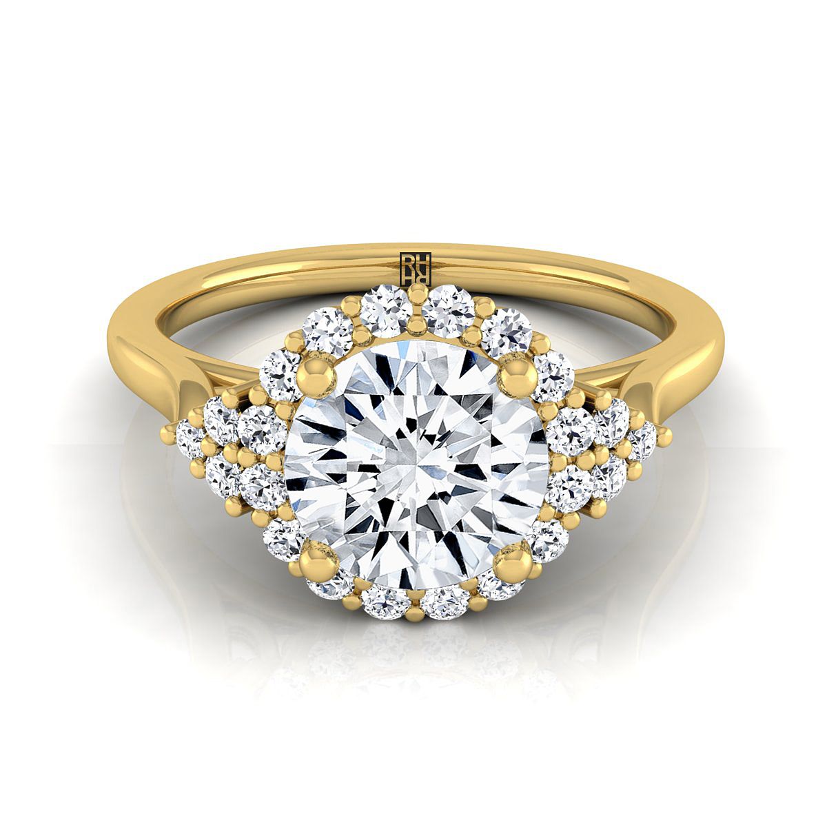 14K Yellow Gold Round Brilliant Diamond Side Trio Scroll Accent Engagement Ring -1/4ctw