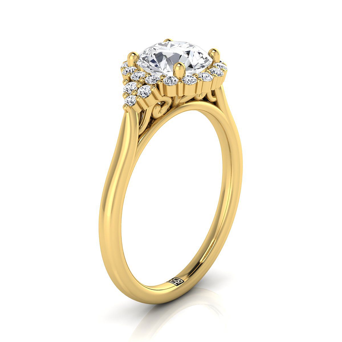 14K Yellow Gold Round Brilliant Diamond Side Trio Scroll Accent Engagement Ring -1/4ctw