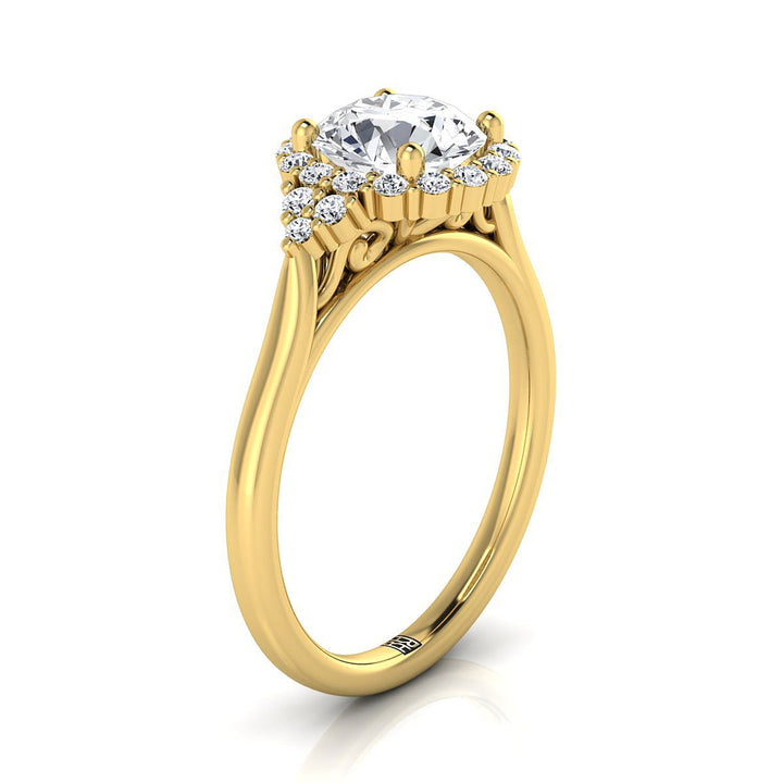 14K Yellow Gold Round Brilliant Diamond Side Trio Scroll Accent Engagement Ring -1/4ctw