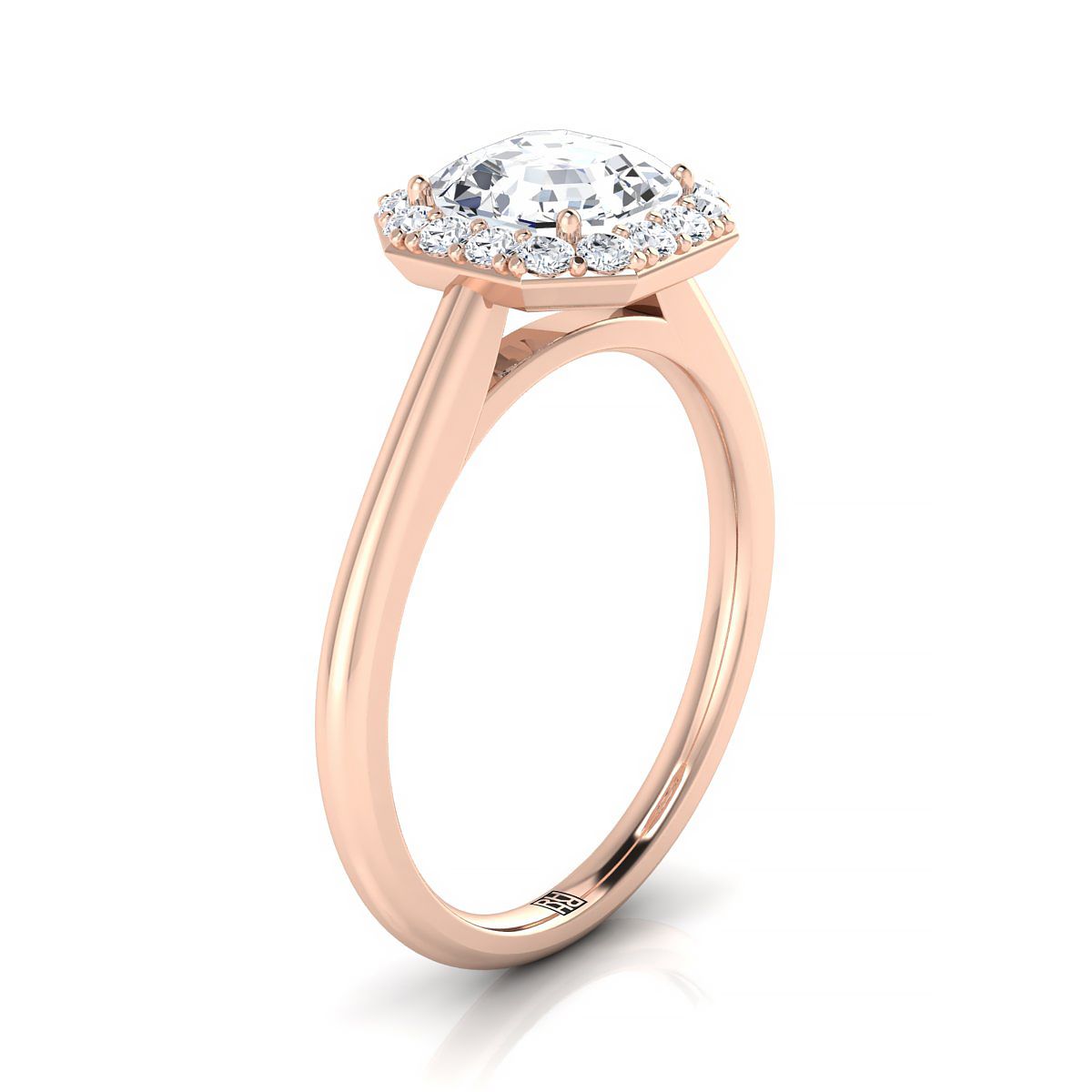 Classic Shared Prong Halo Asscher, in 14K Rose Gold, pave setting – side profile | RockHer