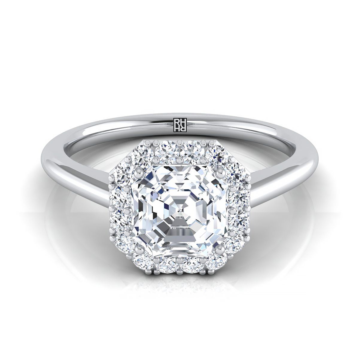 Classic Shared Prong Halo Asscher, in Platinum, pave setting | RockHer