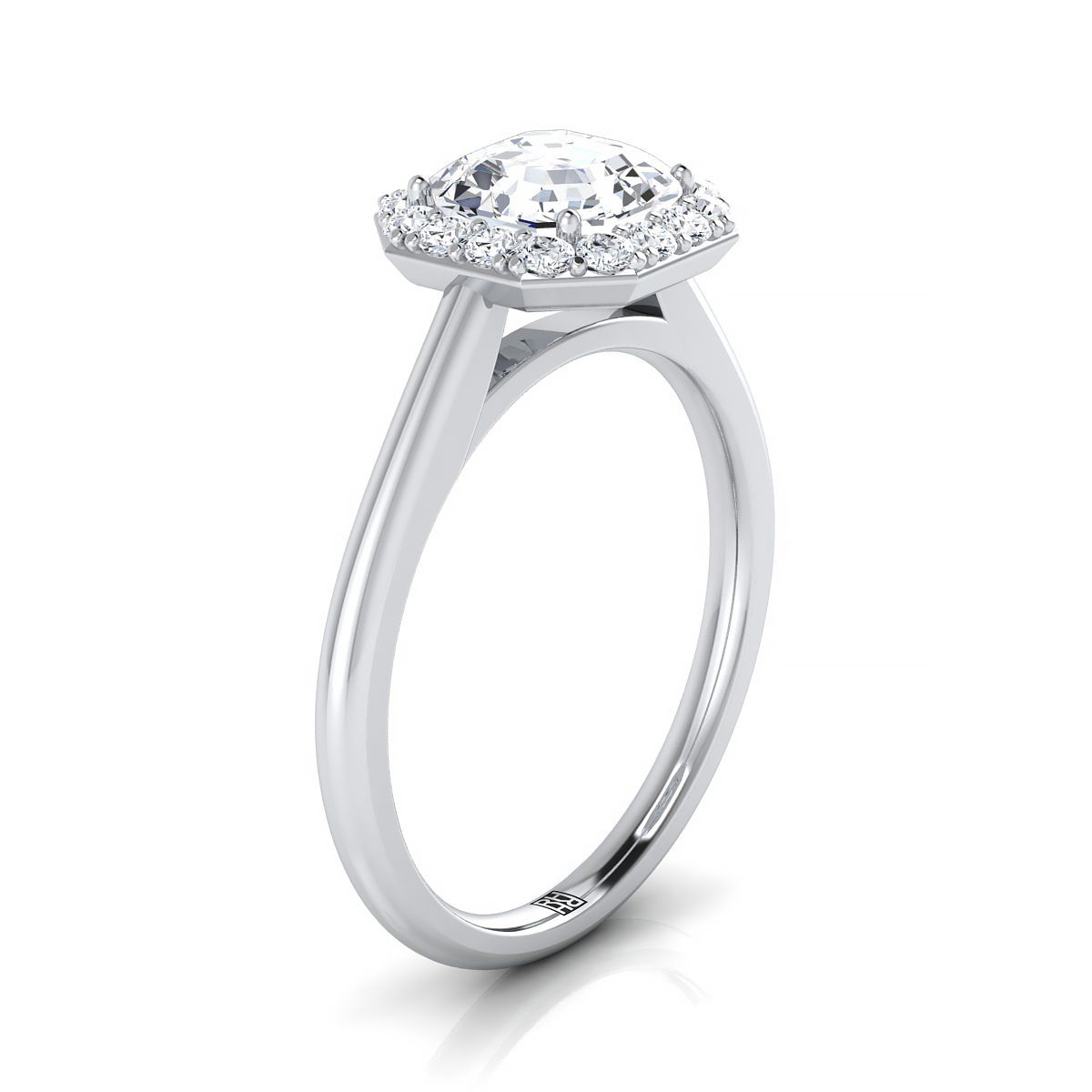Classic Shared Prong Halo Asscher, in Platinum, pave setting – side profile | RockHer