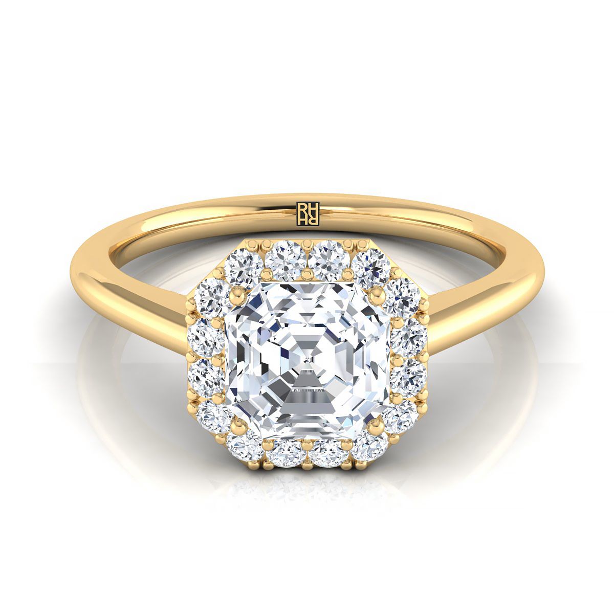 Classic Shared Prong Halo Asscher, in 18K Yellow Gold, pave setting | RockHer