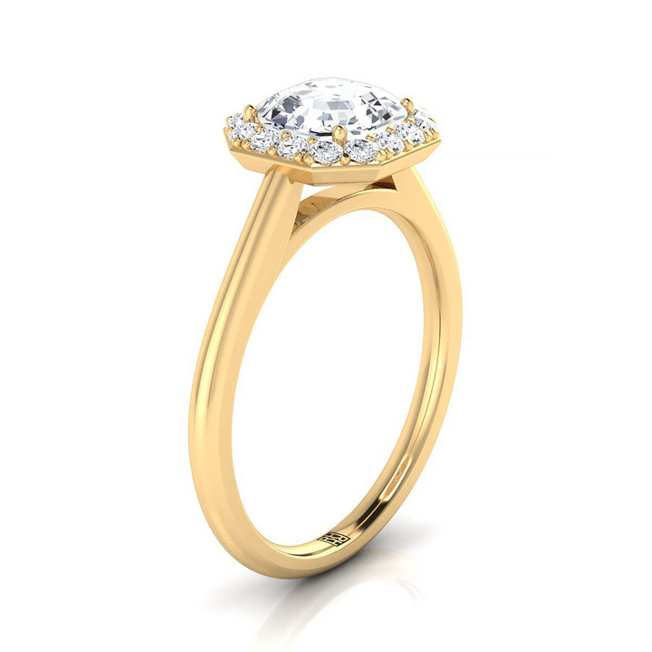 Classic Shared Prong Halo Asscher, in 18K Yellow Gold, pave setting – side profile | RockHer