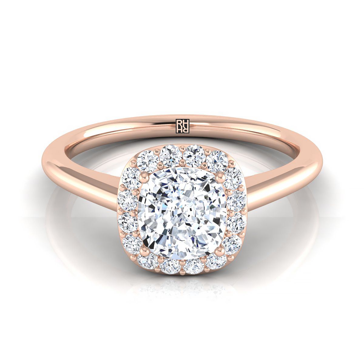 Classic Shared Prong Halo Cushion, in 14K Rose Gold, pave setting | RockHer