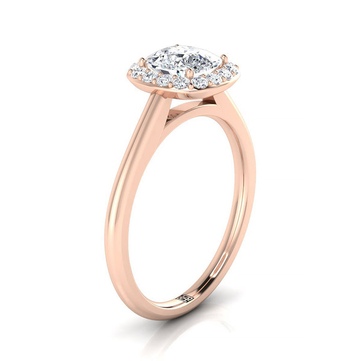 Classic Shared Prong Halo Cushion, in 14K Rose Gold, pave setting – side profile | RockHer