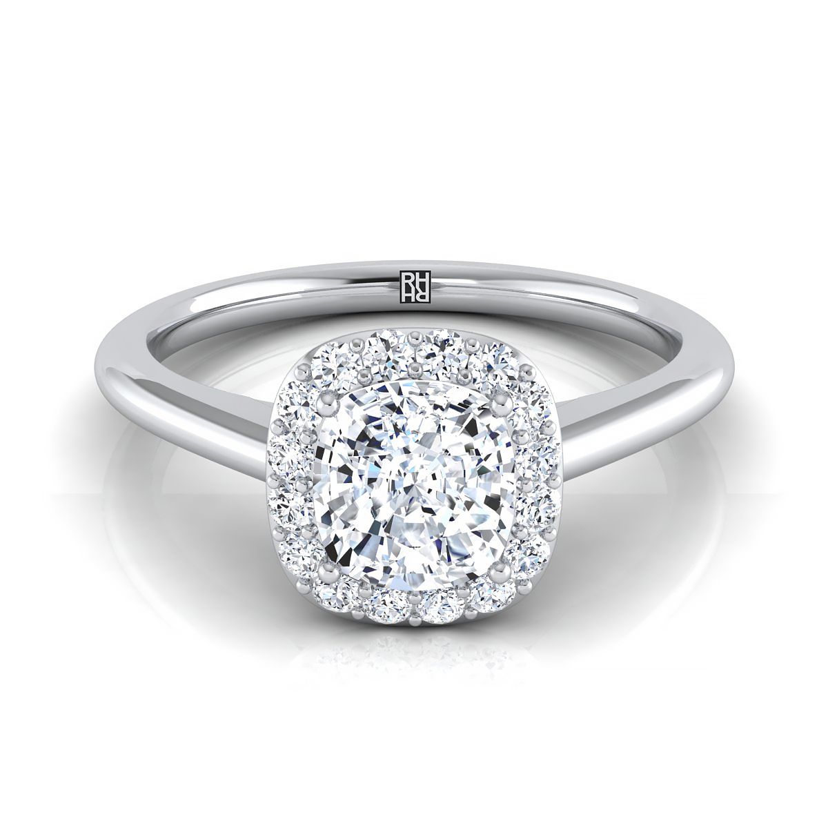 Classic Shared Prong Halo Cushion, in Platinum, pave setting | RockHer