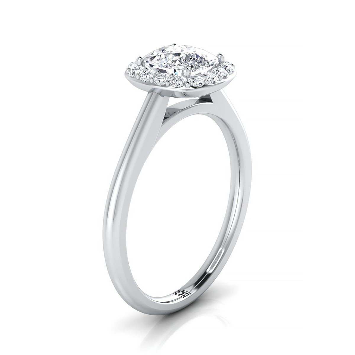 Classic Shared Prong Halo Cushion, in Platinum, pave setting – side profile | RockHer