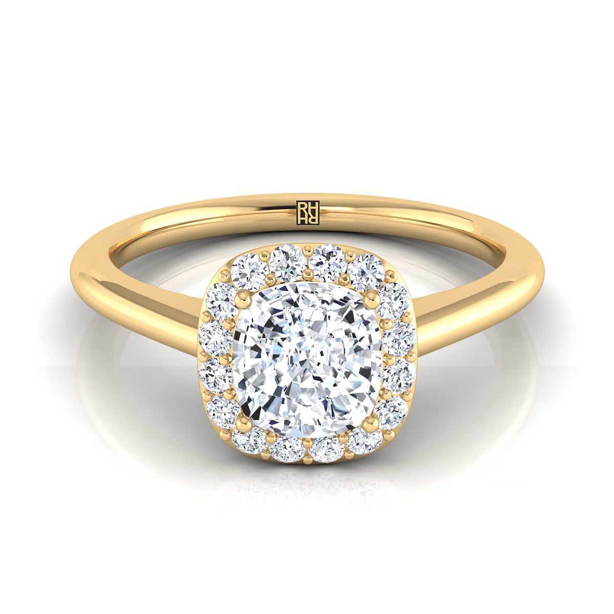 Classic Shared Prong Halo Cushion, in 18K Yellow Gold, pave setting | RockHer