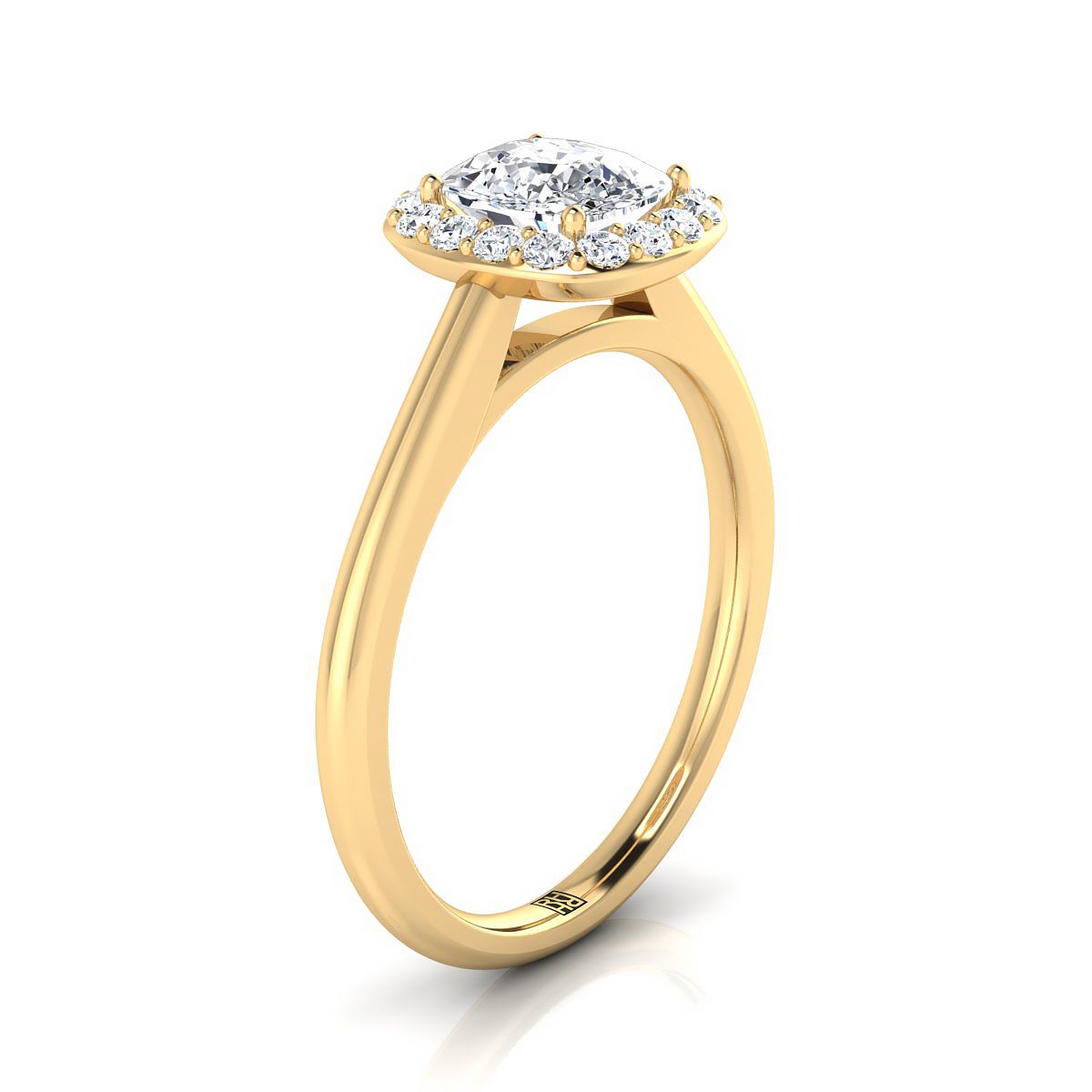 Classic Shared Prong Halo Cushion, in 18K Yellow Gold, pave setting – side profile | RockHer