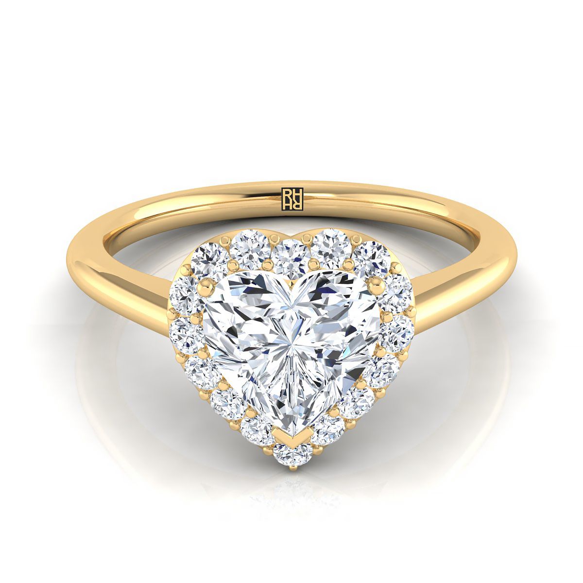 14K Yellow Gold Heart Shape Center Diamond Shared Prong Halo Engagement Ring -1/5ctw