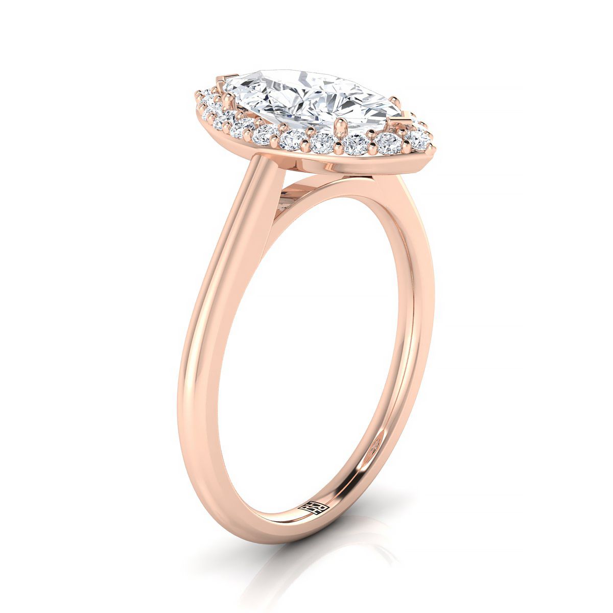 Classic Shared Prong Halo Marquise, in 14K Rose Gold, pave setting – side profile | RockHer