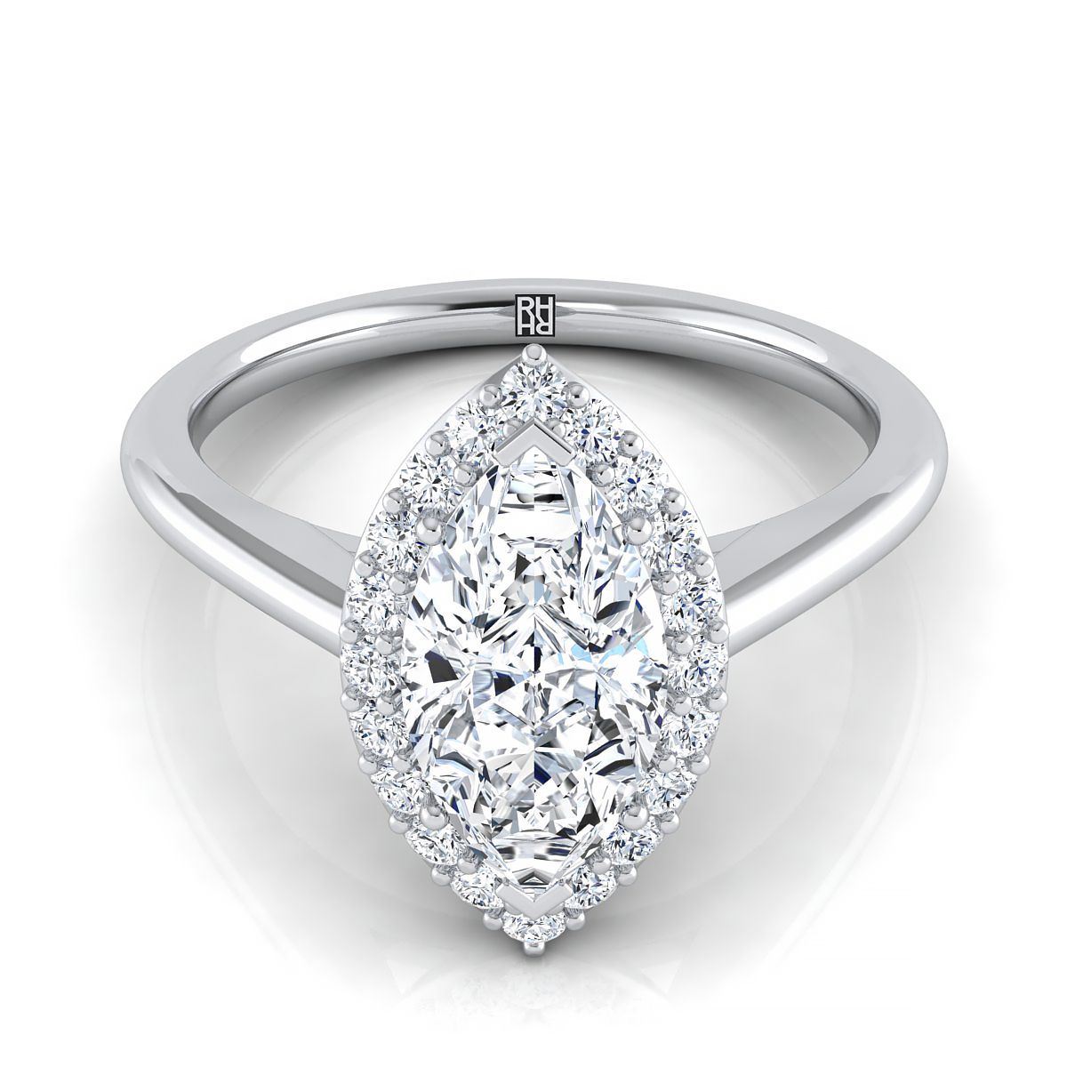 Classic Shared Prong Halo Marquise, in Platinum, pave setting | RockHer