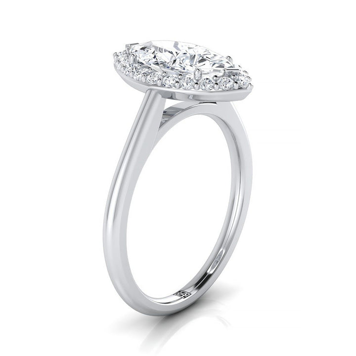 Classic Shared Prong Halo Marquise, in 18K White Gold, pave setting – side profile | RockHer