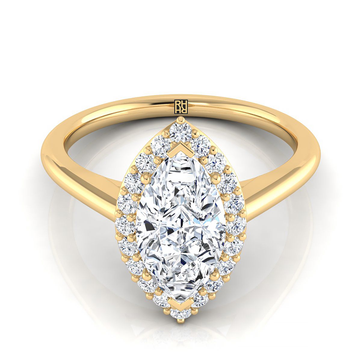 Classic Shared Prong Halo Marquise, in 18K Yellow Gold, pave setting | RockHer