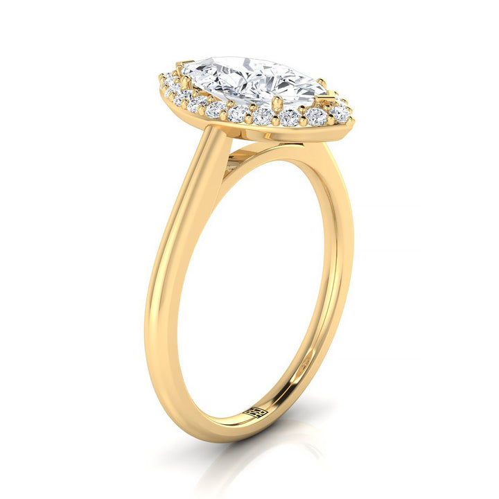 Classic Shared Prong Halo Marquise, in 18K Yellow Gold, pave setting – side profile | RockHer