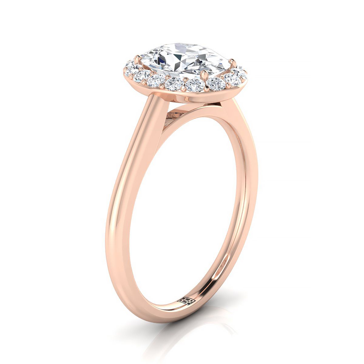 Classic Shared Prong Halo Oval, in 14K Rose Gold, pave setting – side profile | RockHer