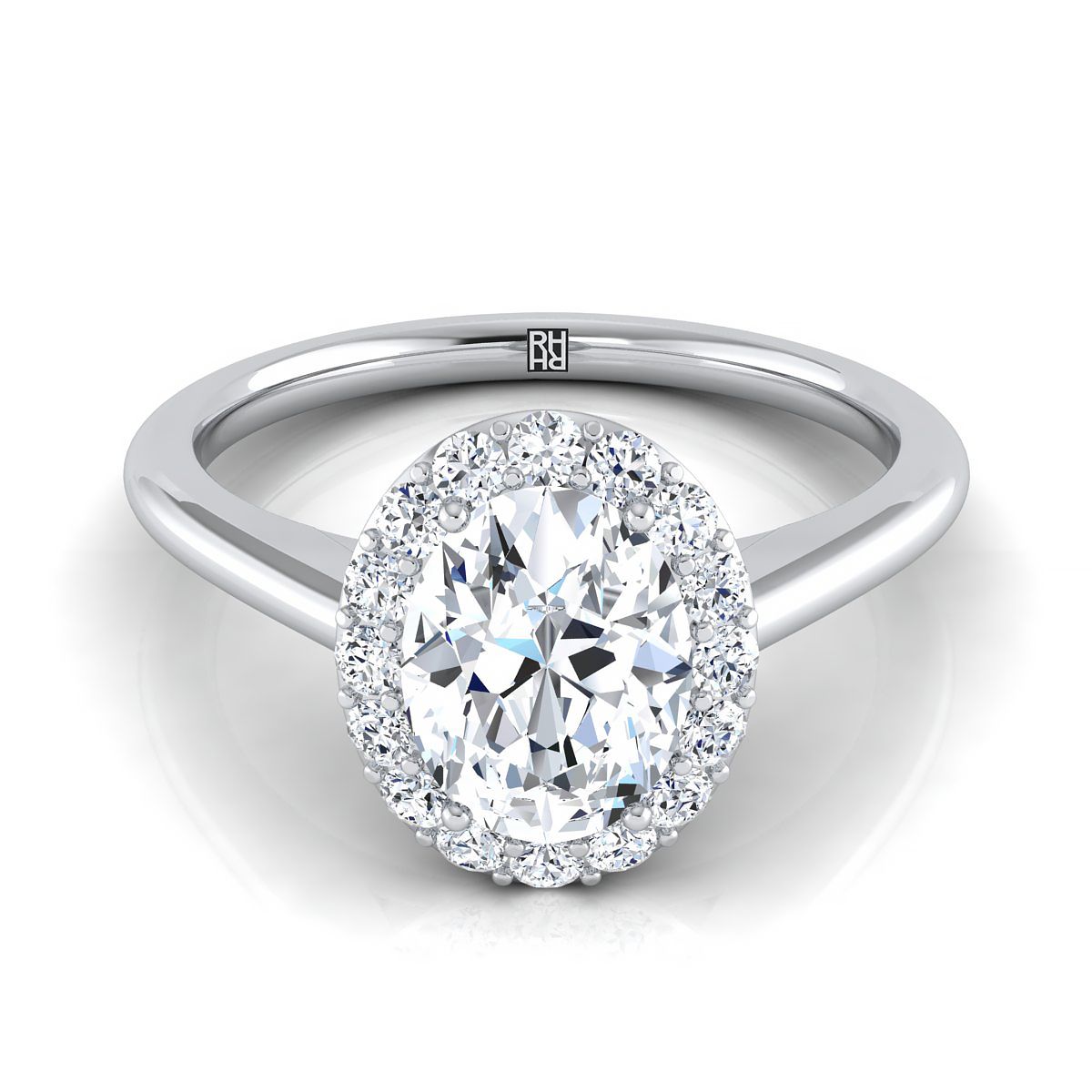 Classic Shared Prong Halo Oval, in Platinum, pave setting – view 8 | RockHer