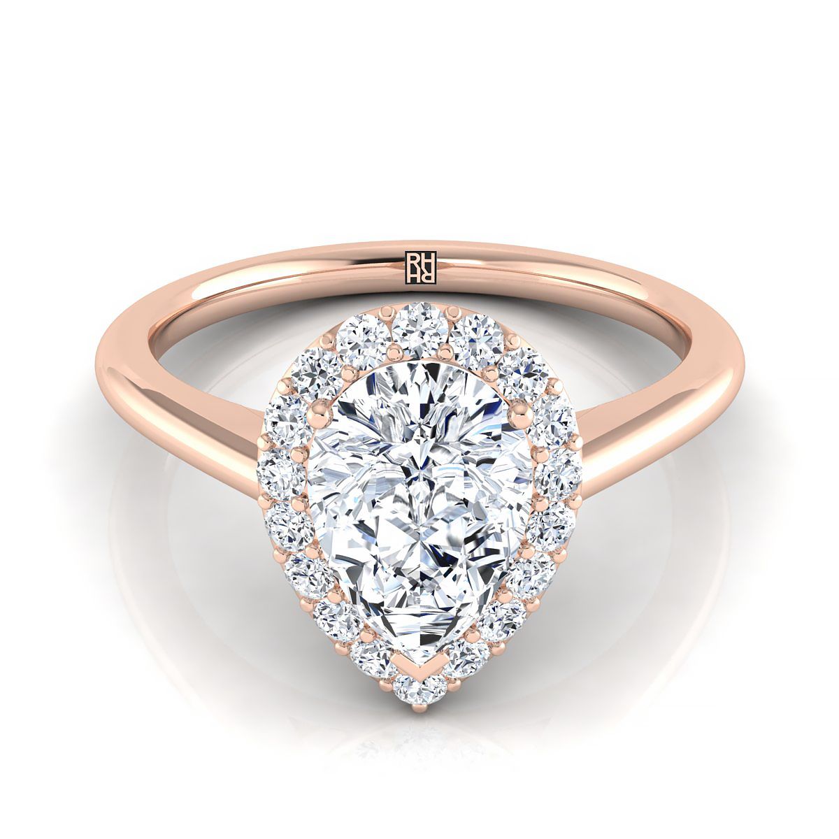 Classic Shared Prong Halo Pear Shape, in 14K Rose Gold, pave setting | RockHer