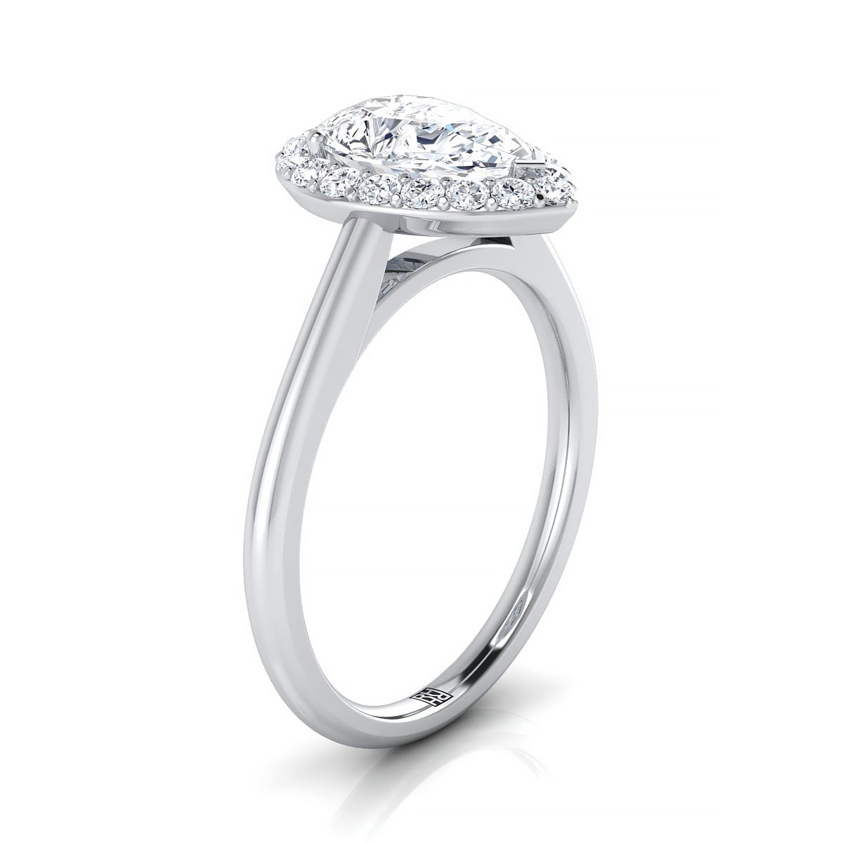 Classic Shared Prong Halo Pear Shape, in 18K White Gold, pave setting – side profile | RockHer