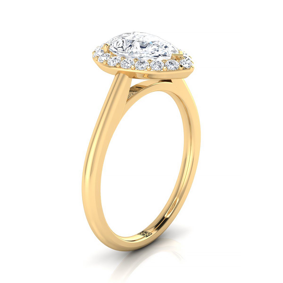 Classic Shared Prong Halo Pear Shape, in 18K Yellow Gold, pave setting – side profile | RockHer