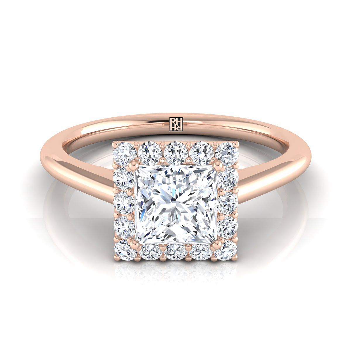 Classic Shared Prong Halo Princess, in 14K Rose Gold, pave setting | RockHer
