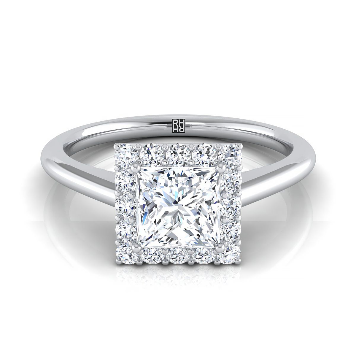 Classic Shared Prong Halo Princess, in Platinum, pave setting | RockHer