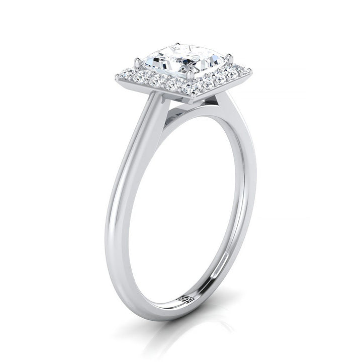 Classic Shared Prong Halo Princess, in Platinum, pave setting – side profile | RockHer