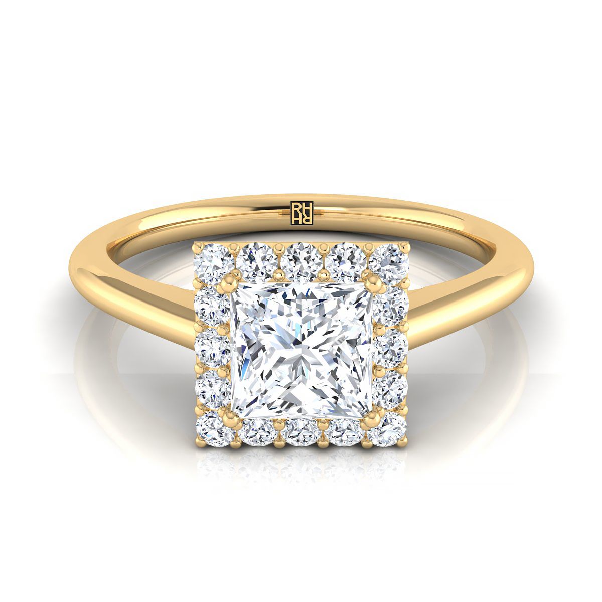 Classic Shared Prong Halo Princess, in 18K Yellow Gold, pave setting | RockHer