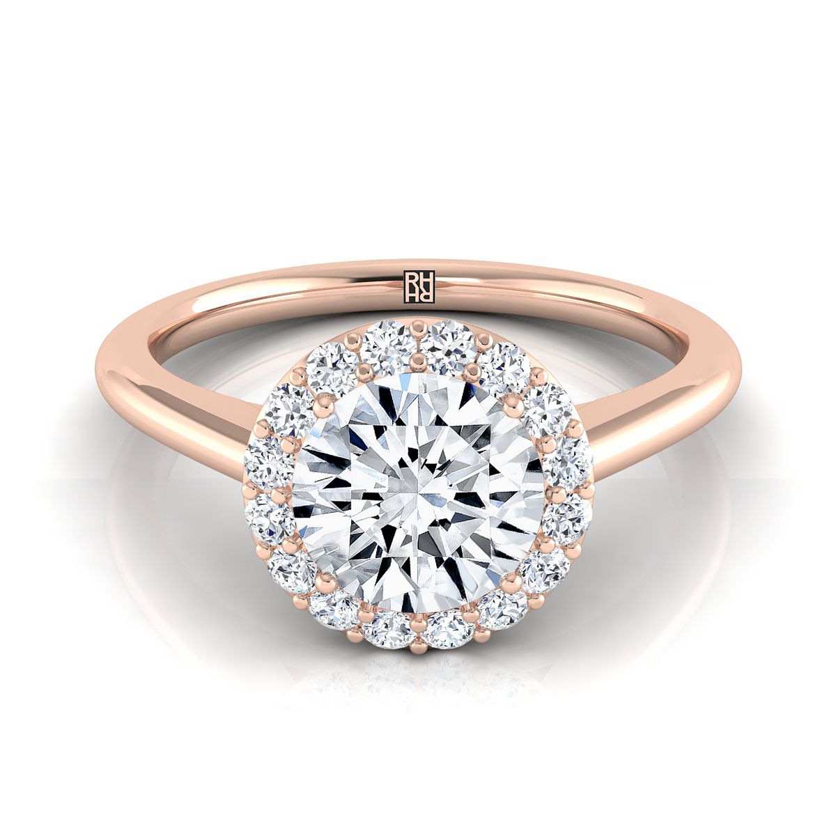 Round Brilliant, Classic Shared Prong Halo Round, in 14K Rose Gold, pave setting | RockHer