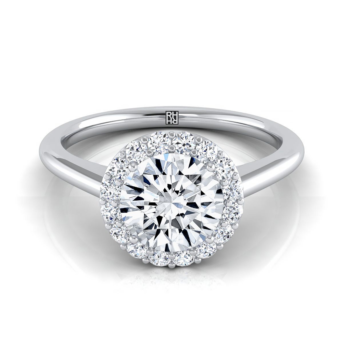 Round Brilliant, Classic Shared Prong Halo, in 18K White Gold, pave setting | RockHer