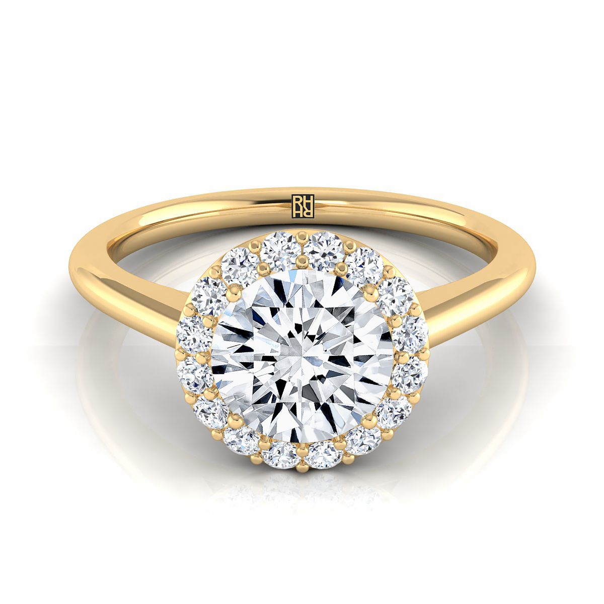 Round Brilliant, Classic Shared Prong Halo Round, in 18K Yellow Gold, pave setting | RockHer