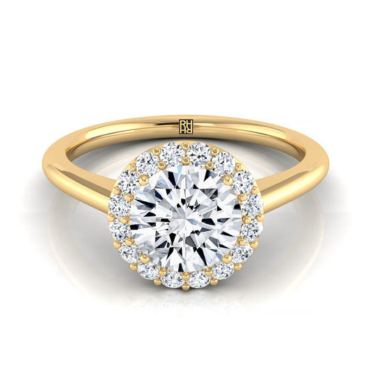 Round Brilliant, Classic Shared Prong Halo Round, in 18K Yellow Gold, pave setting | RockHer
