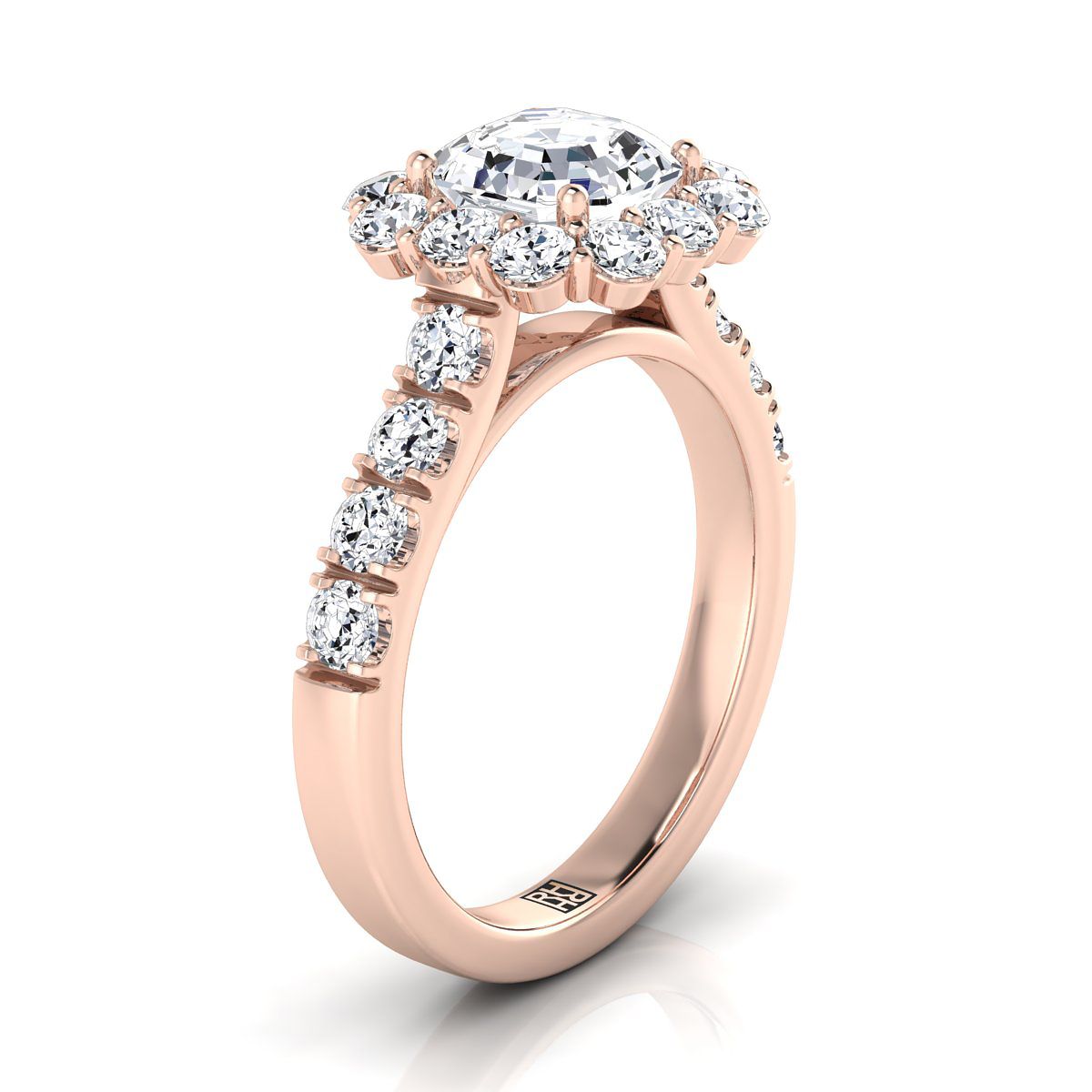 Luxe French Pavé Halo Asscher, in 14K Rose Gold, prong setting – side profile | RockHer