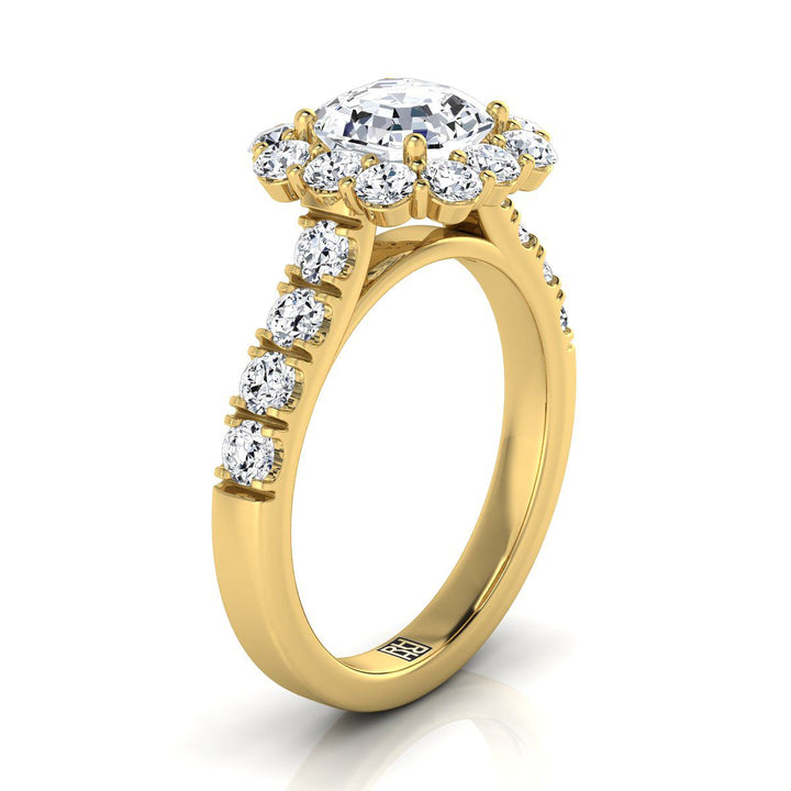 Luxe French Pavé Halo Asscher, in 18K Yellow Gold, prong setting – side profile | RockHer