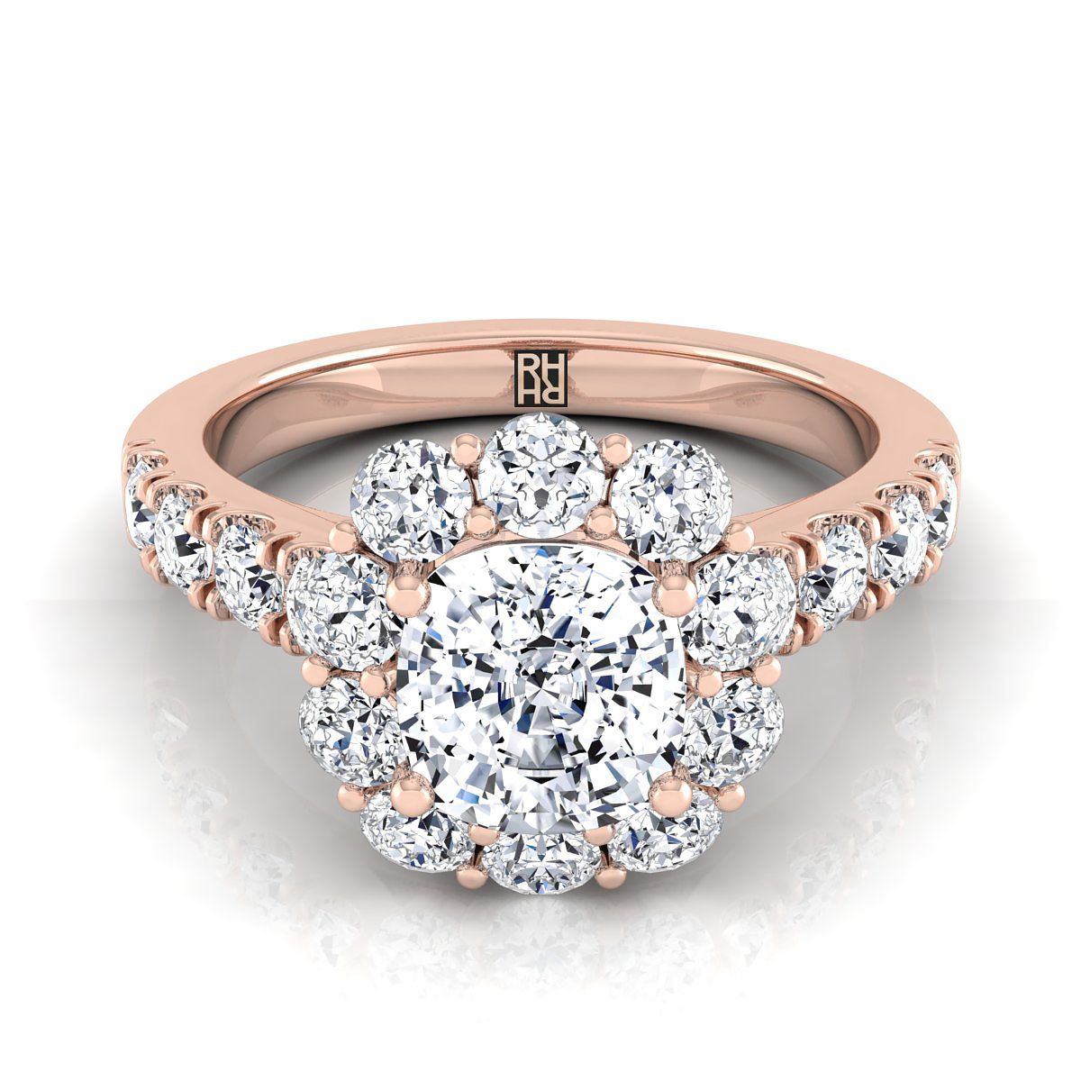Luxe French Pavé Halo Cushion, in 14K Rose Gold, prong setting | RockHer