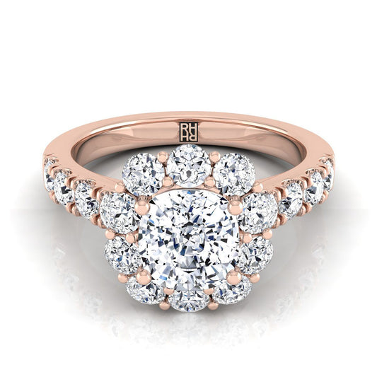 Luxe French Pavé Halo Cushion, in 14K Rose Gold, prong setting | RockHer