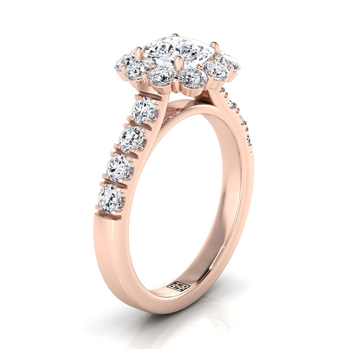Luxe French Pavé Halo Cushion, in 14K Rose Gold, prong setting – side profile | RockHer