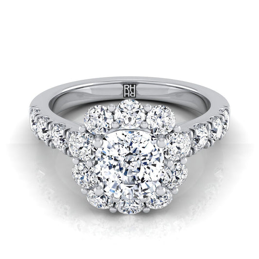Luxe French Pavé Halo Cushion, in 18K White Gold, prong setting | RockHer