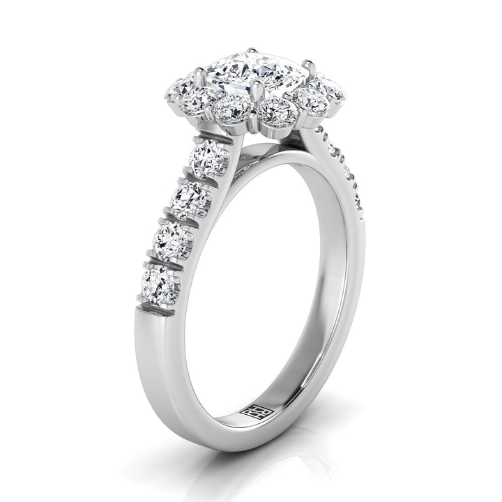 Luxe French Pavé Halo Cushion, in Platinum, prong setting – side profile | RockHer