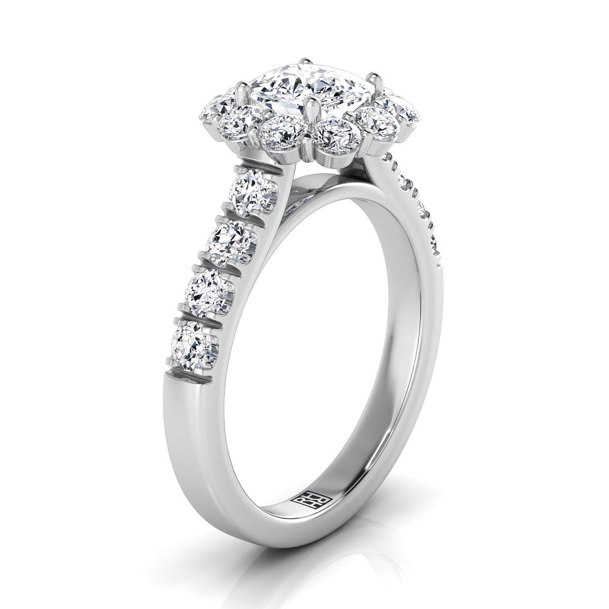 14K White Gold Cushion Diamond Luxe Style French Pave Halo Engagement Ring -1-1/10ctw