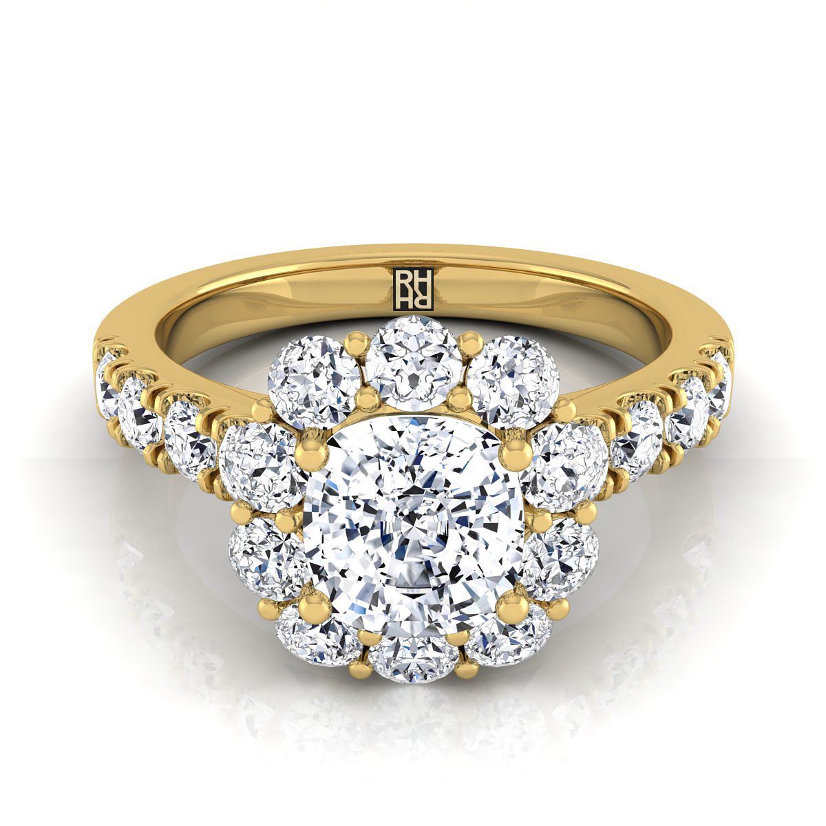 Luxe French Pavé Halo Cushion, in 18K Yellow Gold, prong setting | RockHer