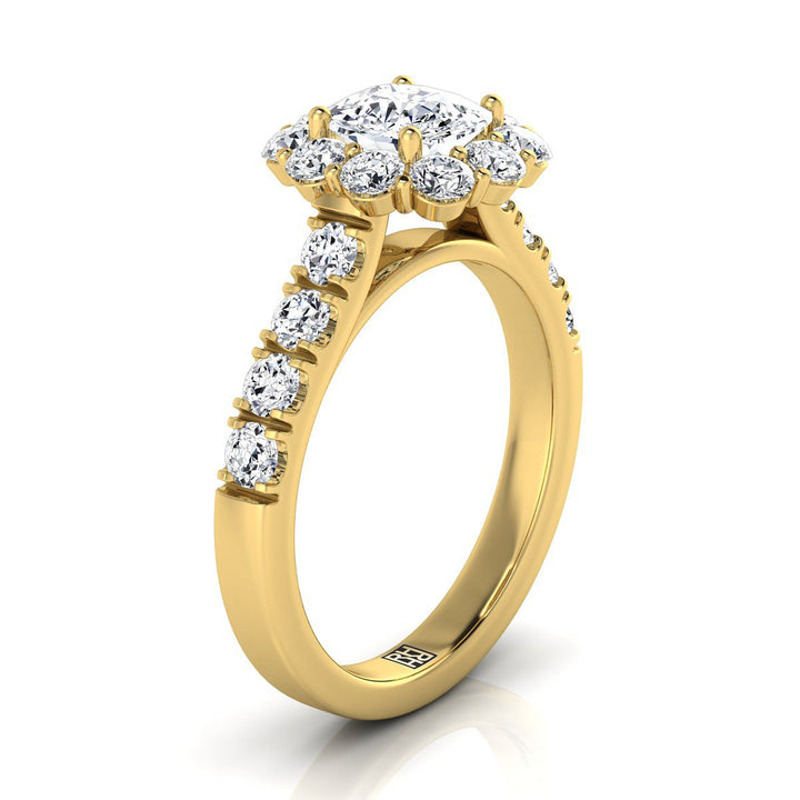 14K Yellow Gold Cushion Diamond Luxe Style French Pave Halo Engagement Ring -1-1/10ctw