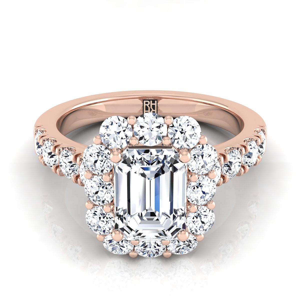 European Cut, Luxe French Pavé Halo Emerald, in 14K Rose Gold, prong setting | RockHer